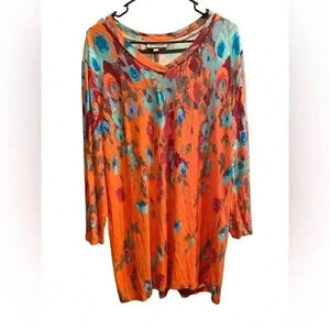 NorthStyle XL Long Sleeve V-neck Tunic Length Pullover Coral/Aqua Floral Top